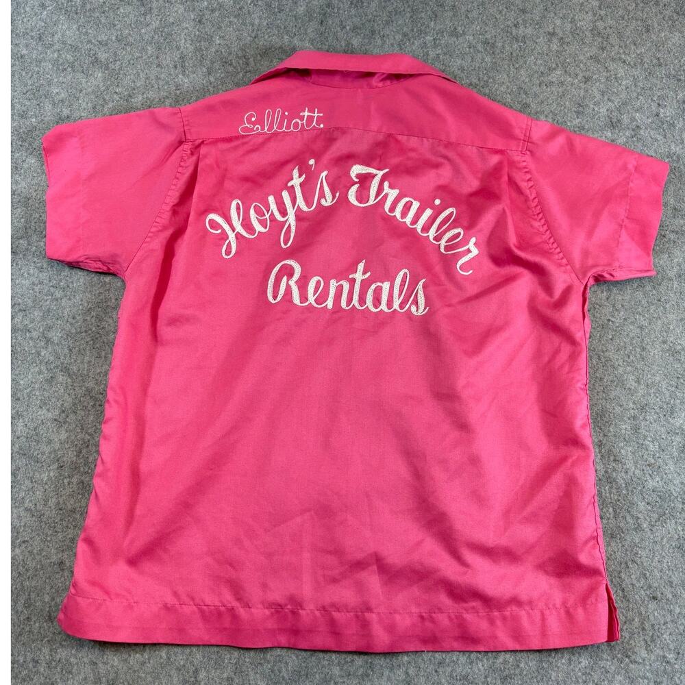 VTG 50s Hilton Elliott Bowling Shirt Womens Pink Hoyts Trailer Rentals Size 34